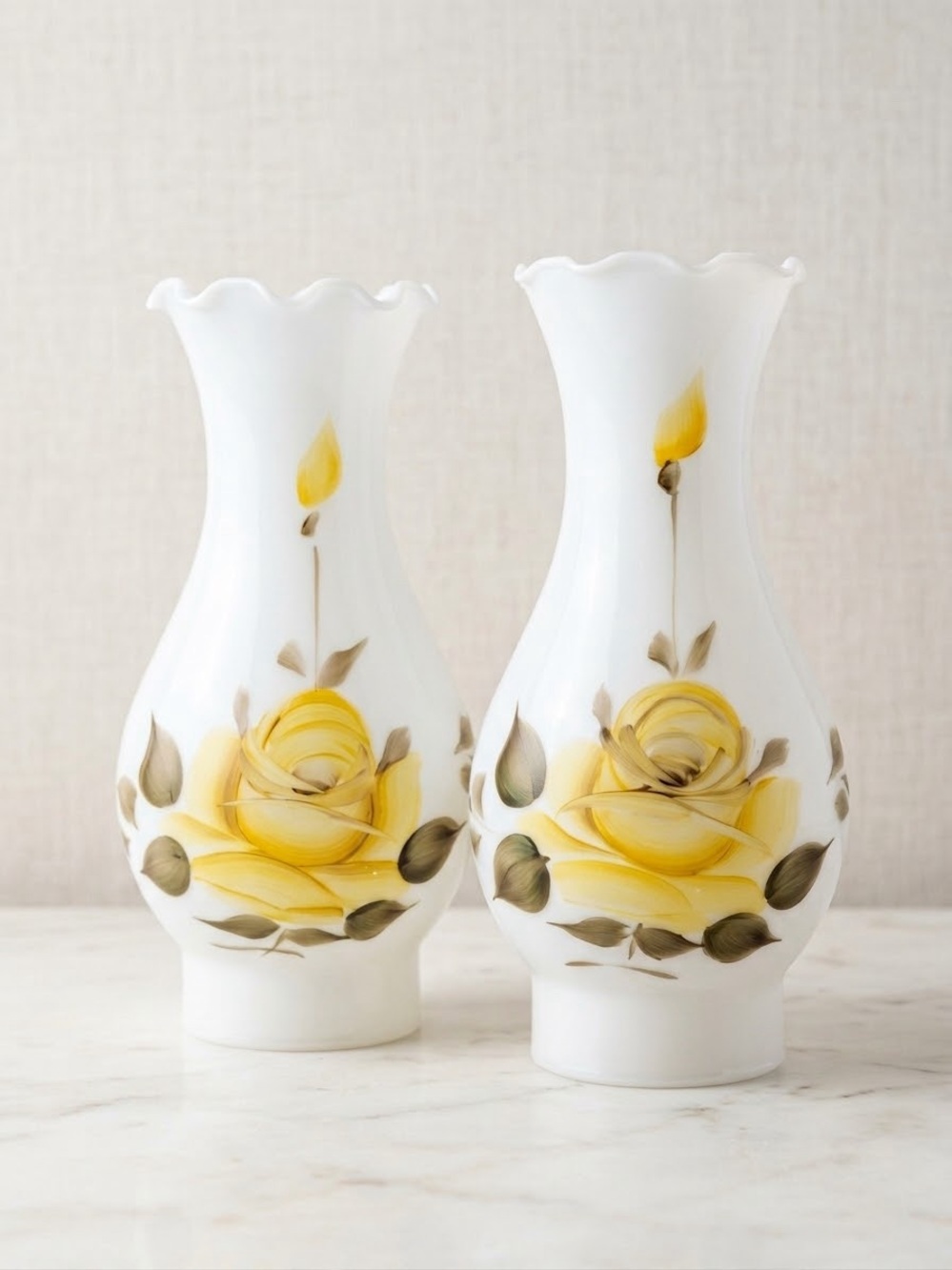 Vintage Pair White Milk Glass Hurricane Lamp Shade Hand painted Yellow Rose